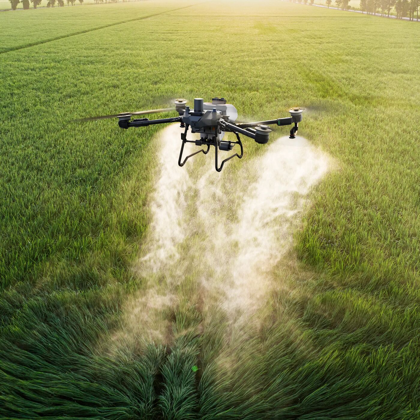Drone spraying over crops close-up